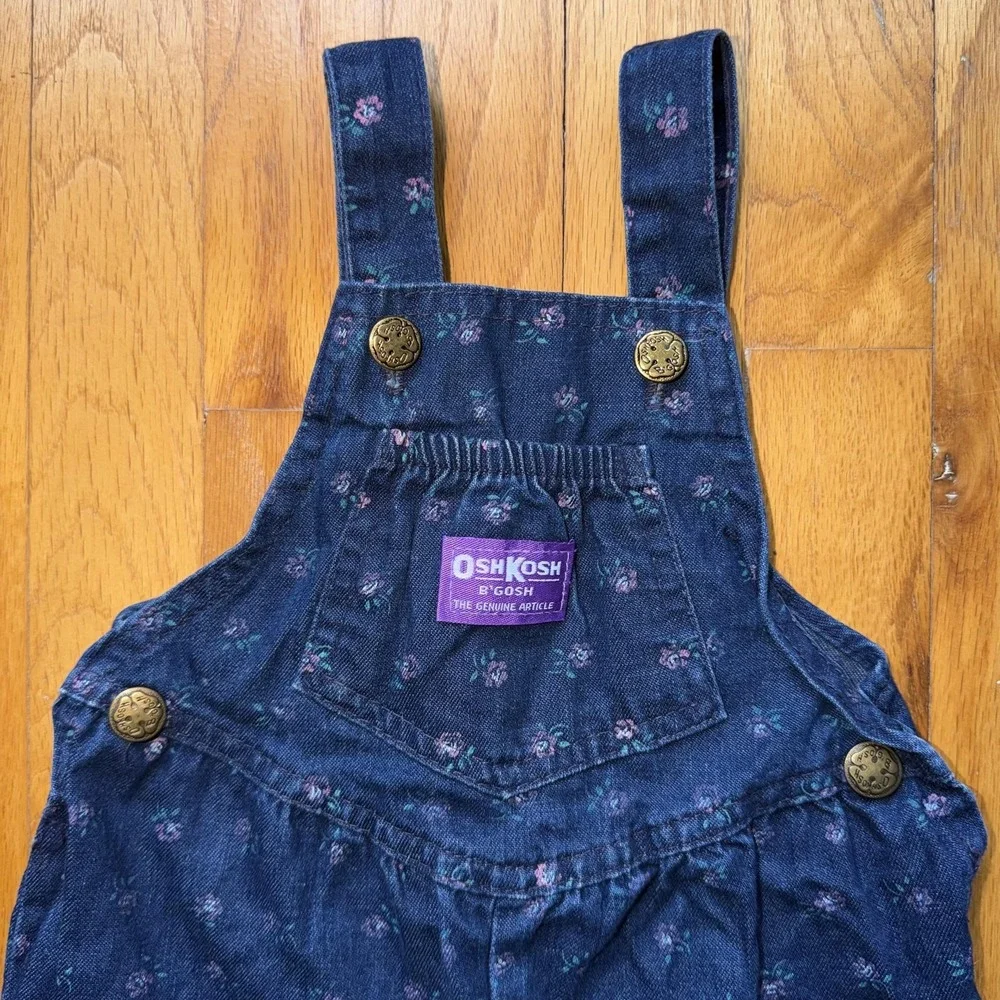 Vintage OshKosh‎ B'gosh Bib Overalls Girls 3T Blue Denim Floral Print USA Rare